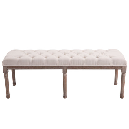 Bed End Side Chaise Lounge Sofa Stool Chic Button Tufted Window Hallway Seat Bench Wooden Leg Fabric Cover Padded Beige