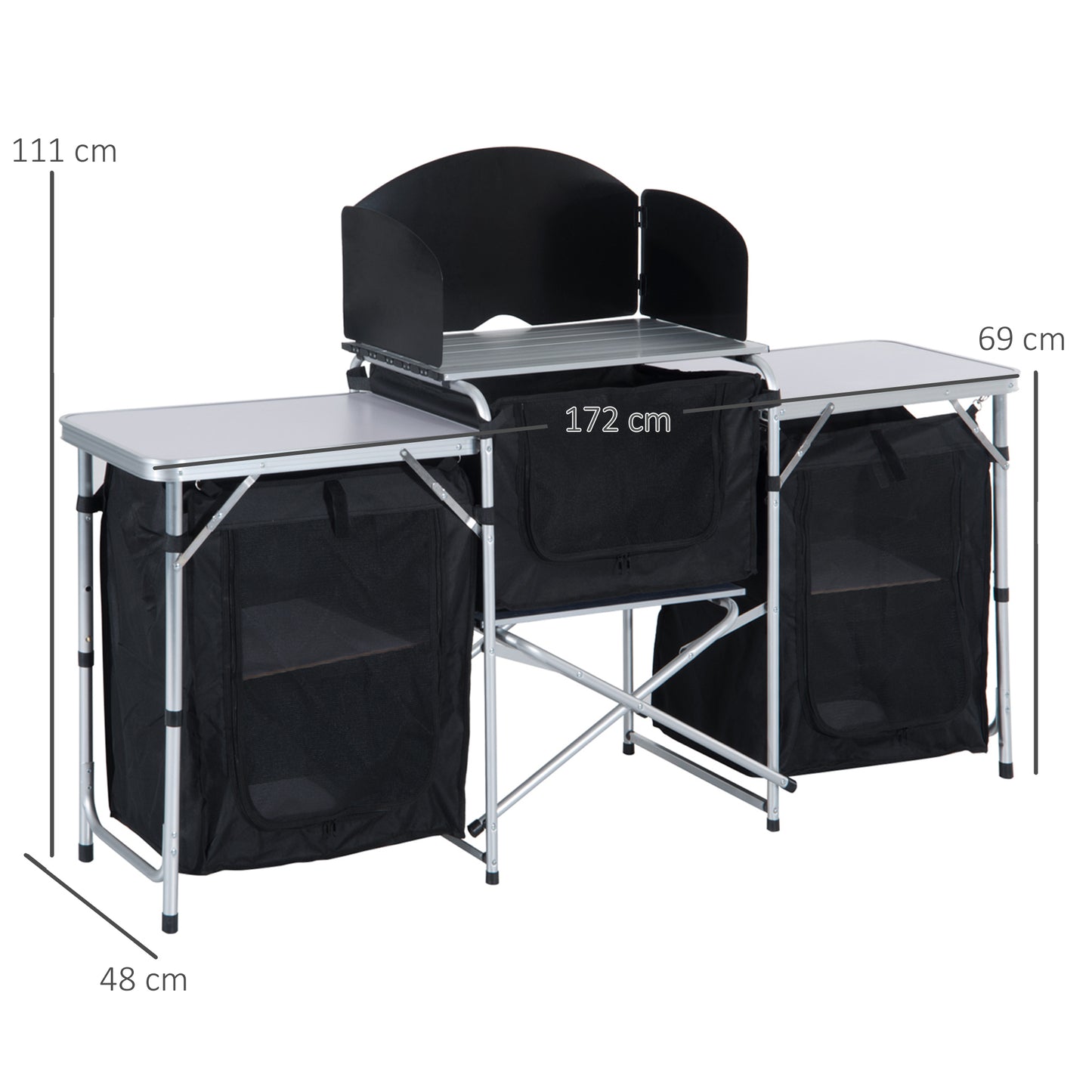 Outsunny Folding Camping Kitchen Cooking Table With Windscreen, Enclosed Cupboards, Aluminium Frame for BBQ, Party, Picnic
