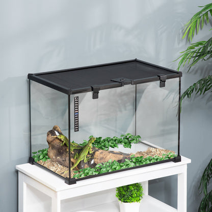 PawHut 50 x 30 x 35 cm Reptile Glass Terrarium, Reptile Breeding Tank, Climbing pet Glass Containers, Arboreal Box, with Strip Patch Thermometer-Black