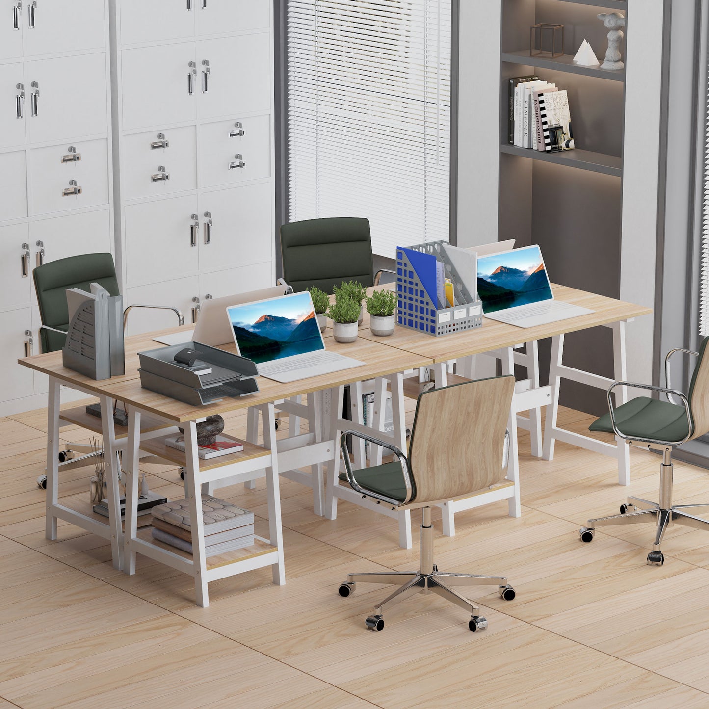 Compact Computer Desk with Storage Shelves Study Table with Bookshelf PC Table Workstation for Home Office Study White and Natural