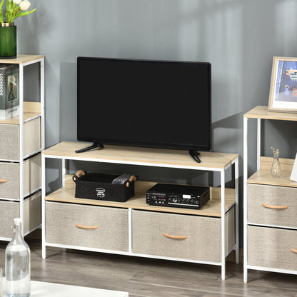 TV Cabinet Console Unit with 2 Foldable Linen Drawers, TV Stand with Shelving for Living Room, Entertainment Room, Maple Wood Effect