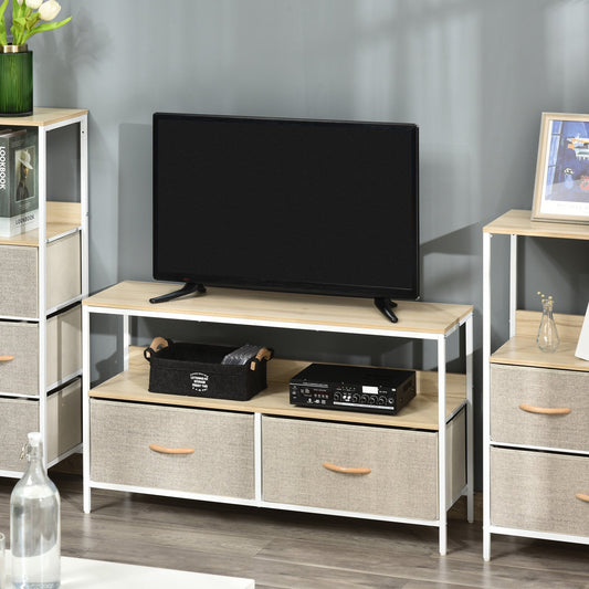 TV Cabinet Console Unit with 2 Foldable Linen Drawers, TV Stand with Shelving for Living Room, Entertainment Room, Maple Wood Effect