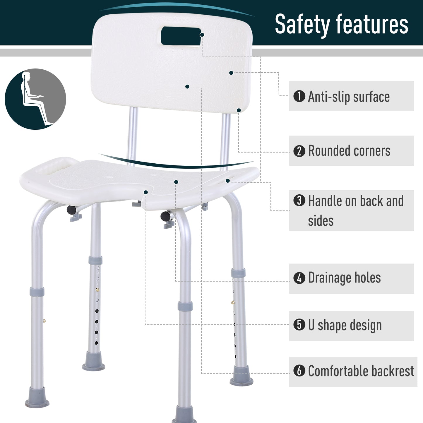 8-Level Height Adjustable Bath Stool Spa Shower Chair Aluminium With Non-Slip Feet And Handle