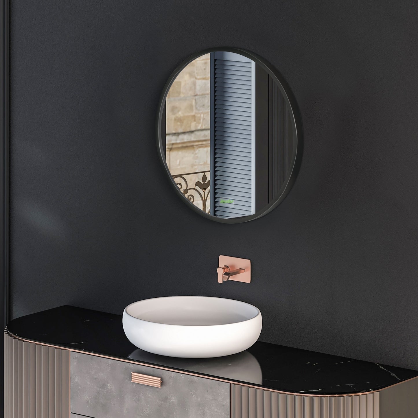 Kleankin Round Bathroom Mirror, Modern Wall-mounted Makeup Mirror with Aluminium Frame for Washroom Living Room, Black, 40x40 cm