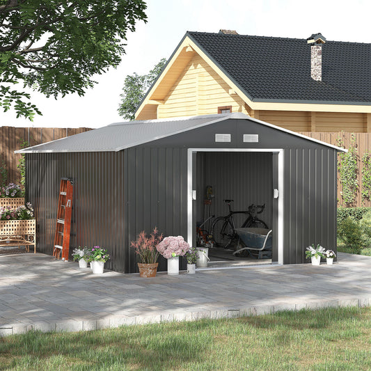 Outsunny 13 x 11ft Foundation Ventilation Steel Outdoor Garden Shed Grey