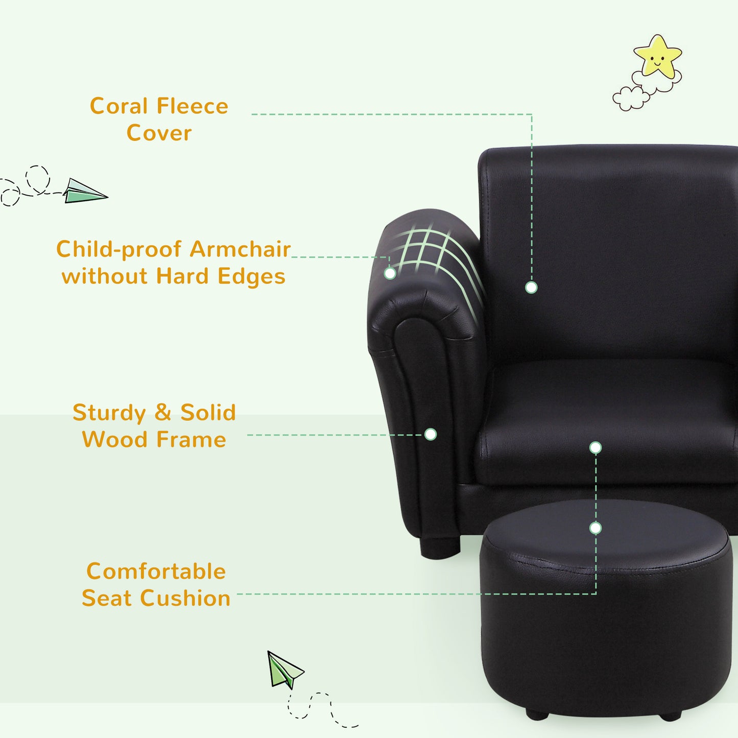 #Children Armchair W/Footstool-Black