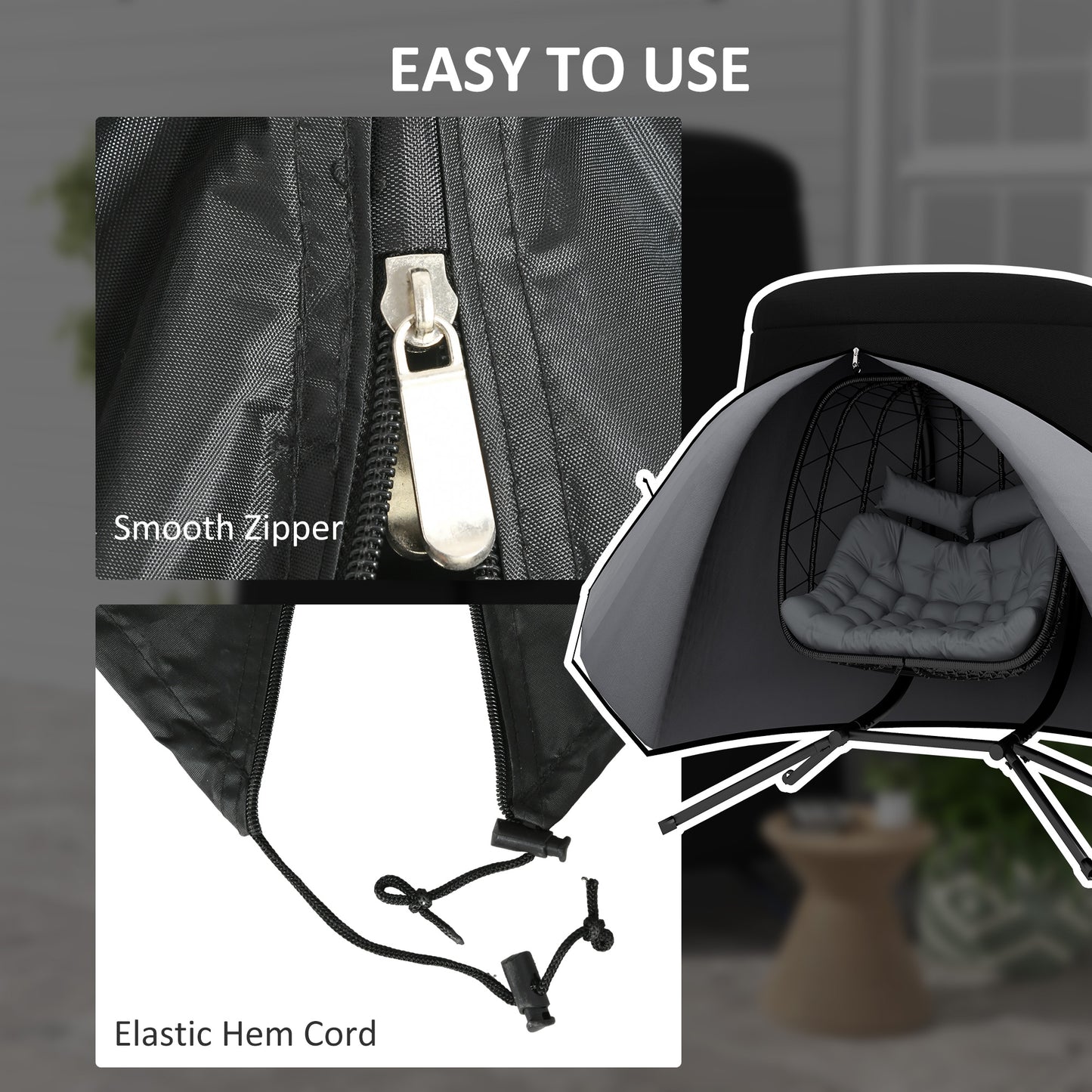 Hanging Outdoor Single Swing Egg Chair Cover Waterproof Anti-dust Furniture Protector W/ Zipper Oxford Fabric For 200 x 230cm Stand - Black