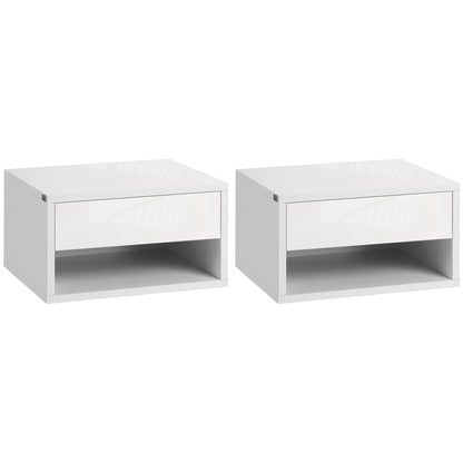 2 Pieces Bedside Table Wall Mounted Nightstand with Drawer and Shelf for Bedroom, 37 x 32 x 21cm, High Gloss White