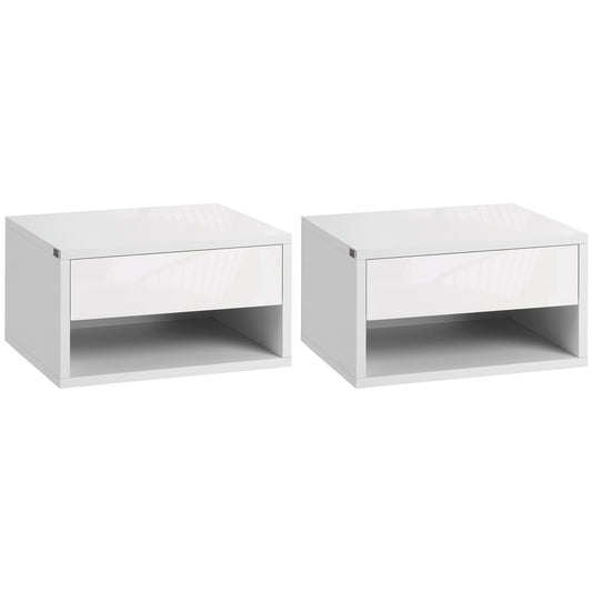 2 Pieces Bedside Table Wall Mounted Nightstand with Drawer and Shelf for Bedroom, 37 x 32 x 21cm, High Gloss White