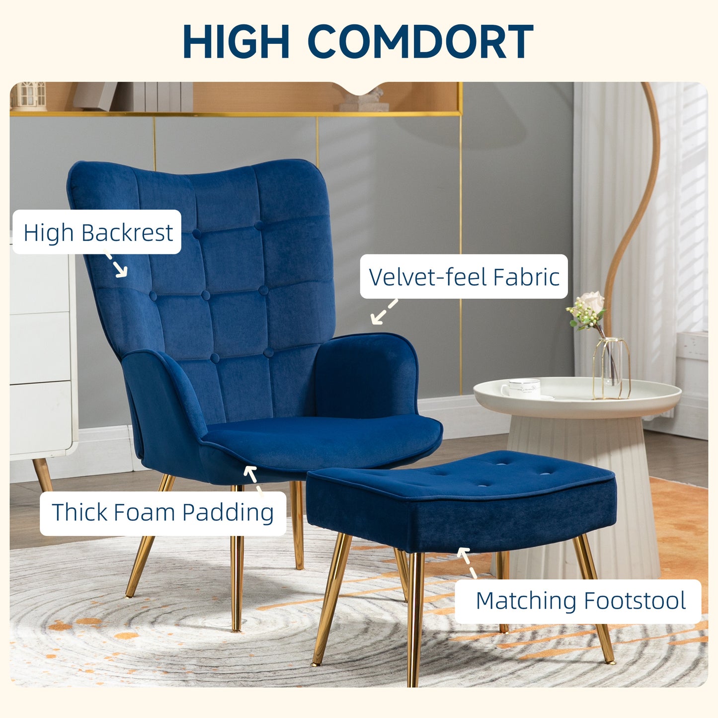 Retro Vintage Style Upholstered Armchair w/ Footstool Set, Button Tufted Accent Chair w/ Gold Tone Steel Legs, Wingback Chair, Dark Blue
