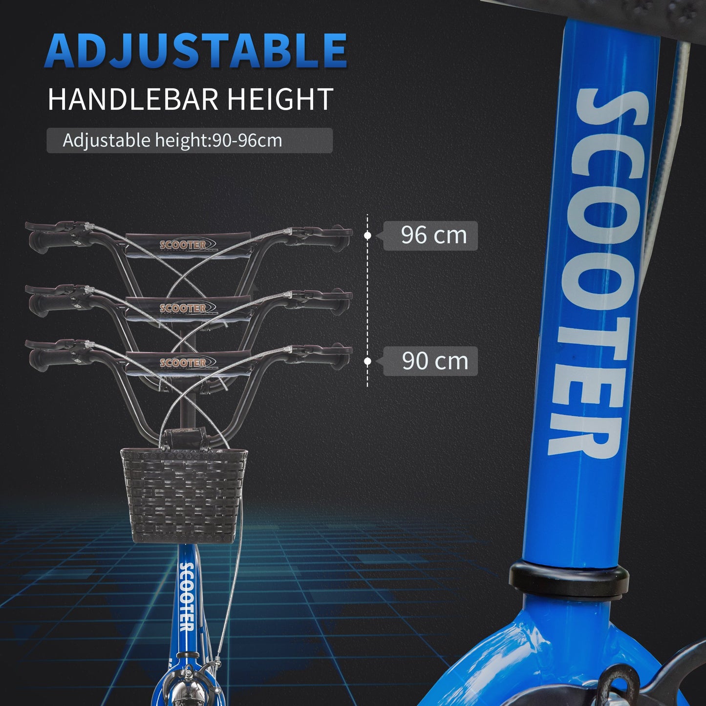 Kids Kick Scooter Teen Ride On Children Scooter with Adjustable Handlebar 2 Brakes Basket Cupholder Mudguard 16" Inflatable Rubber Tyres Blue