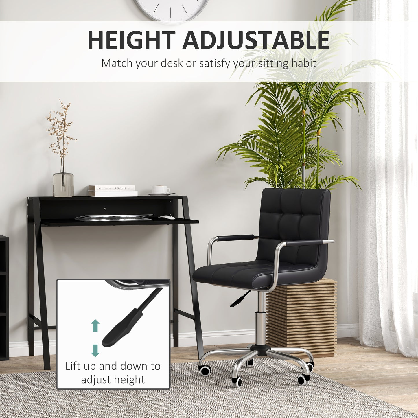 Home Office Chair and Computer Desk Set, Faux Leather Desk Chair with Swivel Wheels, Study Desk with Storage Shelf, Black