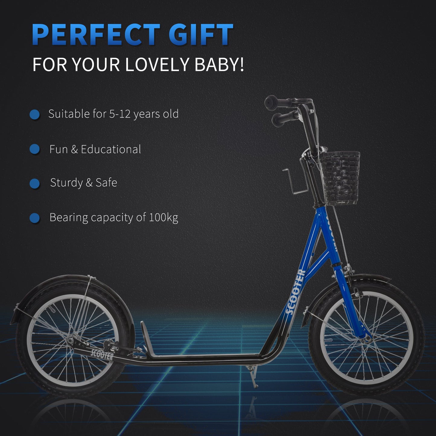 Kids Kick Scooter Teen Ride On Children Scooter with Adjustable Handlebar 2 Brakes Basket Cupholder Mudguard 16" Inflatable Rubber Tyres Blue