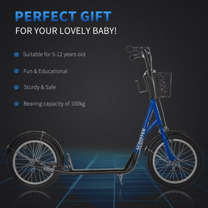 Kids Kick Scooter Teen Ride On Children Scooter with Adjustable Handlebar 2 Brakes Basket Cupholder Mudguard 16" Inflatable Rubber Tyres Blue