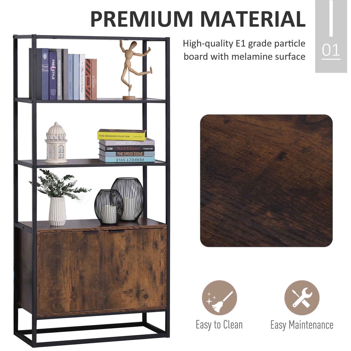 Storage Cabinet with 3 Open Shelves Cupboard Freestanding Tall Organizer Multifunctional Rack for Livingroom Bedroom Kitchen Rustic Brown