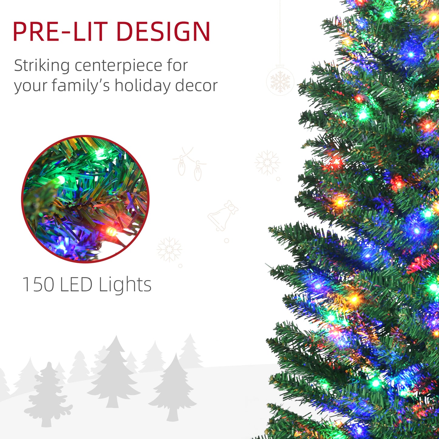6' Artificial Prelit Christmas Trees Holiday Décor with Colourful LED Lights, Pencil Shape, Steel Base