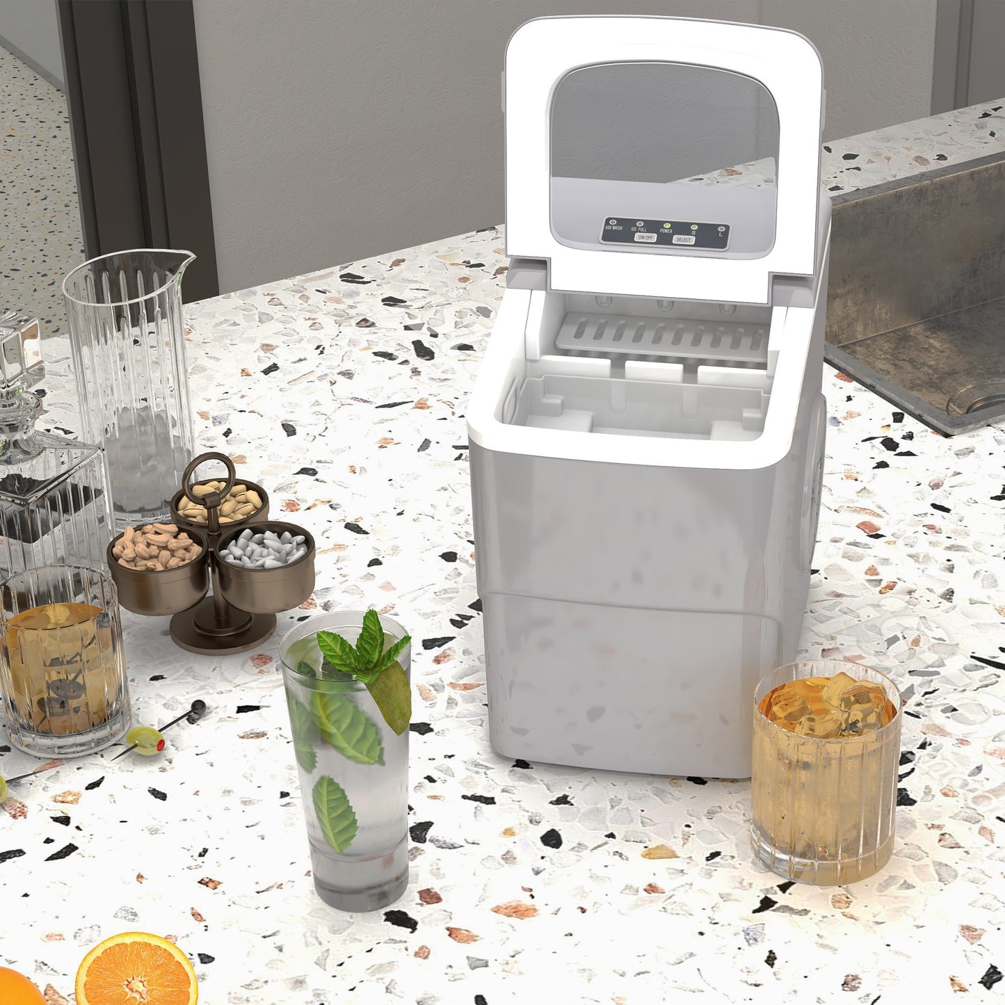 Portable Bullet Ice Cube Maker Machine Countertop, Automatic Cleaning, Visible Window Scoop And Basket For Kitchen - Silver