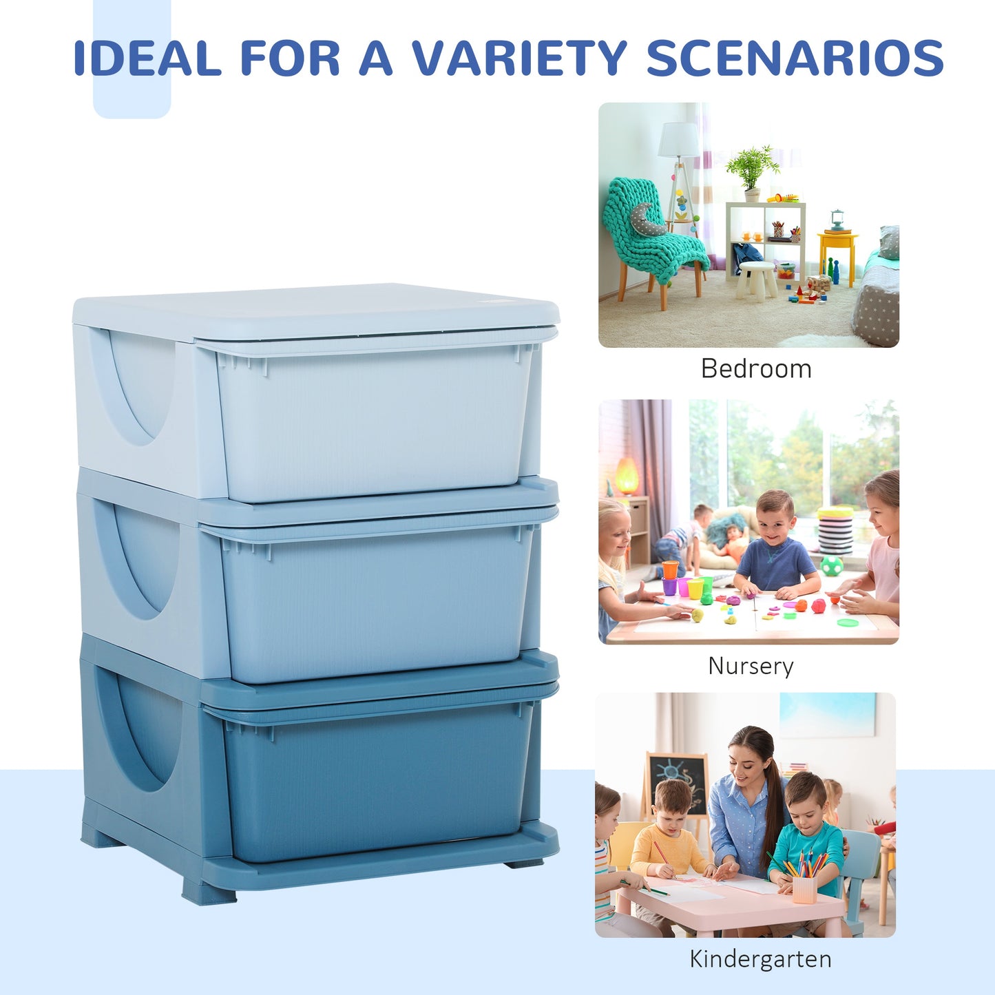 Kids Storage Units with Drawers 3 Tier Chest Vertical Dresser Tower Toy Organizer for  Nursery Playroom Kindergarten Blue
