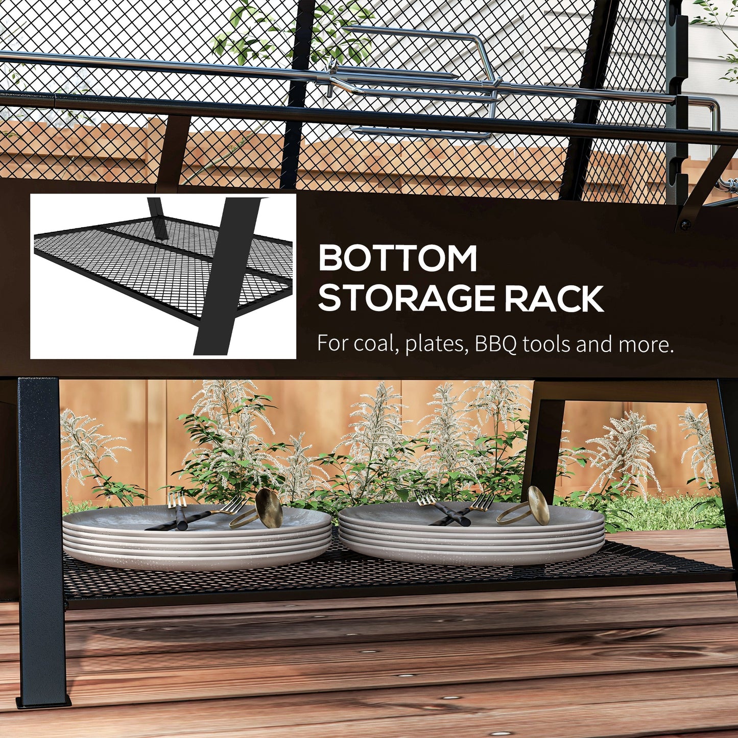 Outsunny 3-in-1 Charcoal Barbecue Grill, Rotisserie Roaster, Fire Pit with Storage Shelf and Mesh Lid