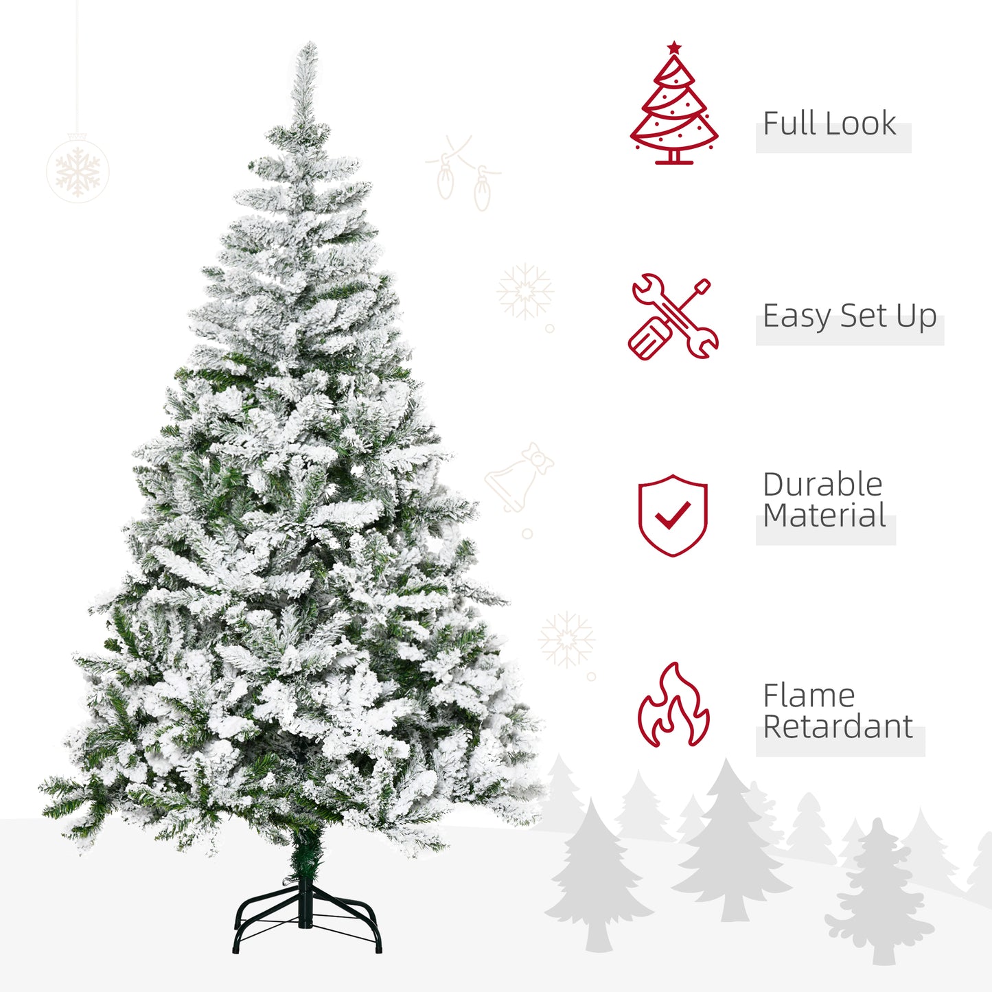6 Foot Snow Flocked Artificial Christmas Tree Xmas Pine Tree with 750 Realistic Branches, Auto Open and Steel Base, Green