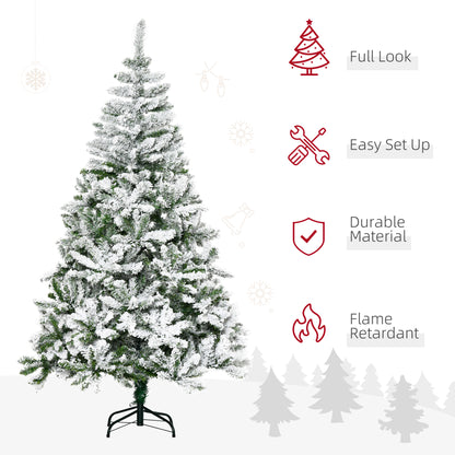 6 Foot Snow Flocked Artificial Christmas Tree Xmas Pine Tree with 750 Realistic Branches, Auto Open and Steel Base, Green