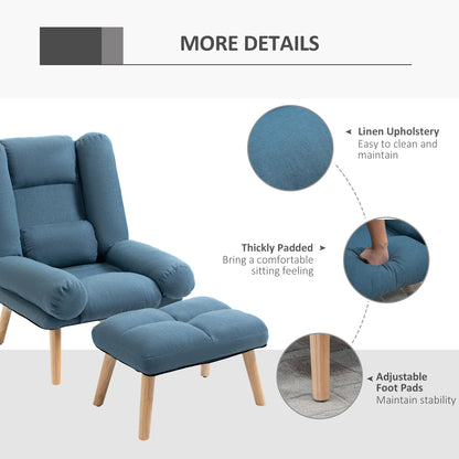 Occasional Recliner with Ottoman, 3-Position Adjustable Linen Fabric Reclining Lounger, Lazy Cushioned Sofa Chair with Footstool, Blue