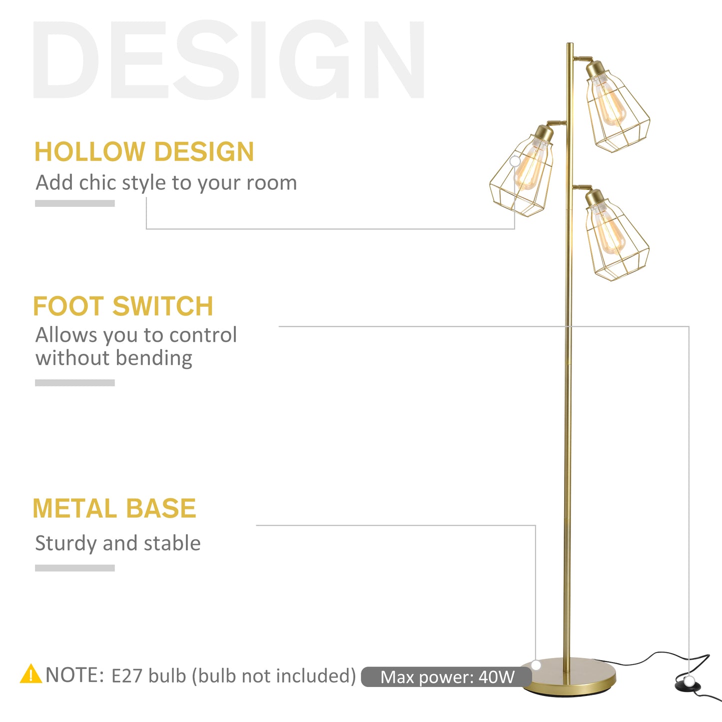 Retro Style Practical Tree Floor Lamp 3 Angle Adjustable Lampshade Steel Base for Living Room Bedroom Office Gold 165cm