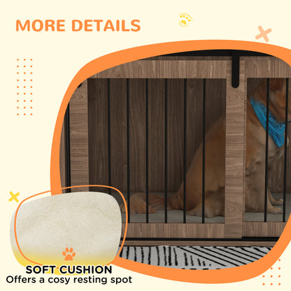 XL Dog Crate Furniture Side Table | Barn Door | Removable Washable Cushion | 3-Sided Ventilation | Extra Large Dogs up to 40kg | 118 x 60 x 73cm | Brown