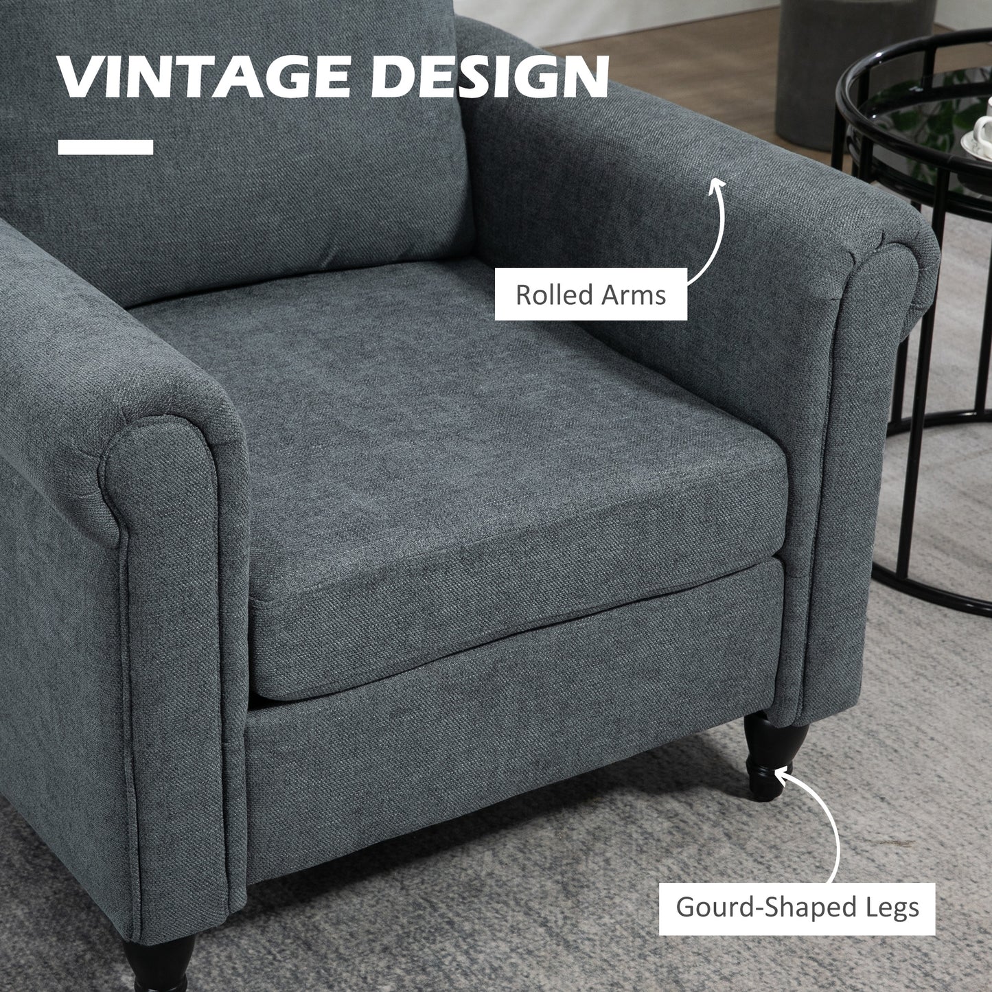 Retro Vintage Style Accent Chair, Upholstered Occasional Chair with Back Pillow, Rolled Arms, Gourd-Shaped Rubber Wood Legs, Grey