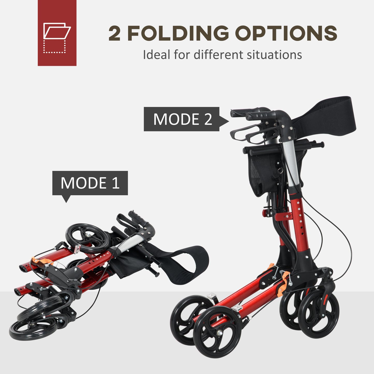 Folding Rollator With Seat & Backrest, Lightweight w/ Adjustable Handle Height, 4 Wheeled Walking Assist - Red