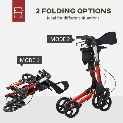 Folding Rollator With Seat & Backrest, Lightweight w/ Adjustable Handle Height, 4 Wheeled Walking Assist - Red