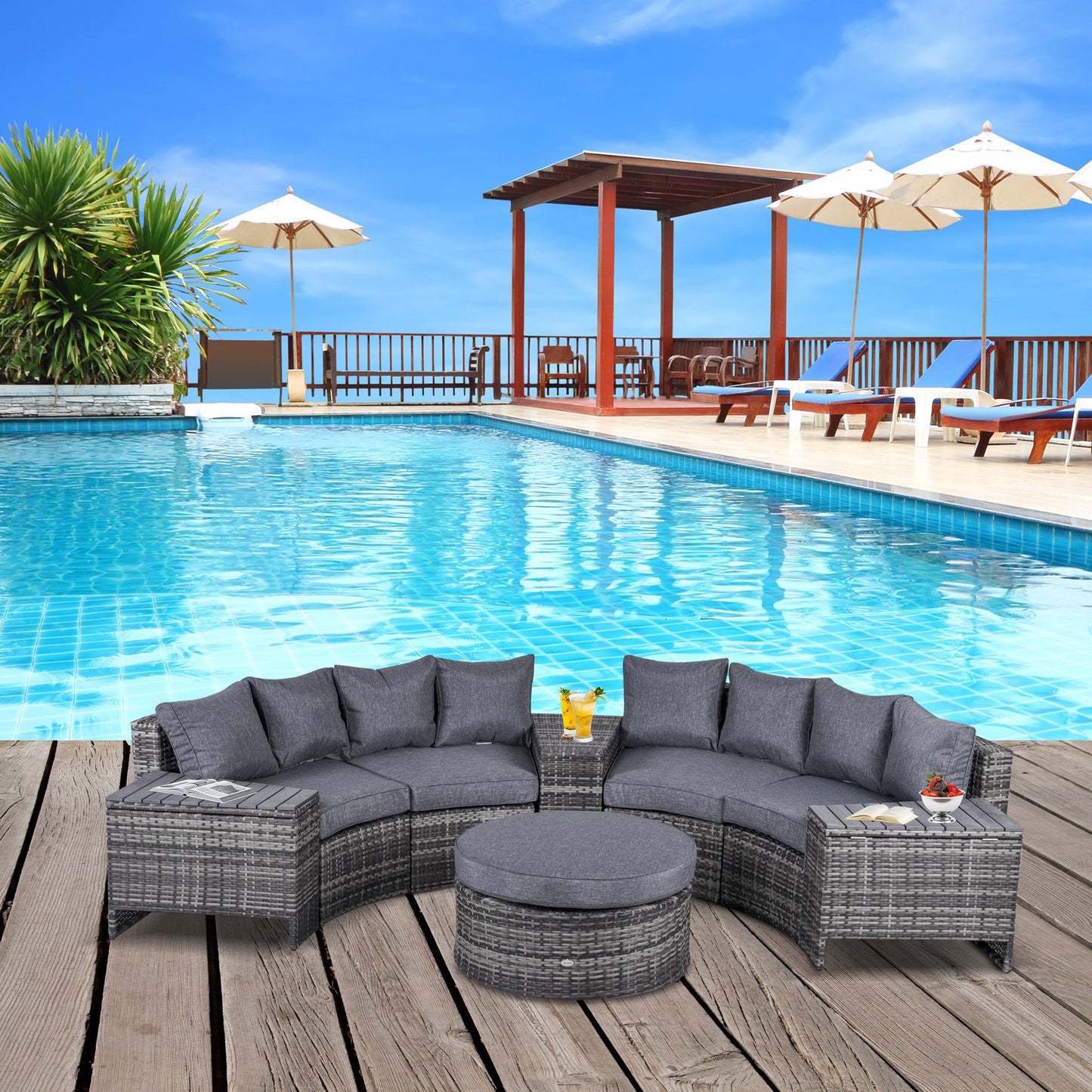 Outsunny 4-Seater Outdoor PE Rattan Wicker Sofa Set Half Round Conversation w/ 1 Umbrella Hole Side Table and 2 Storage Side Tables Grey