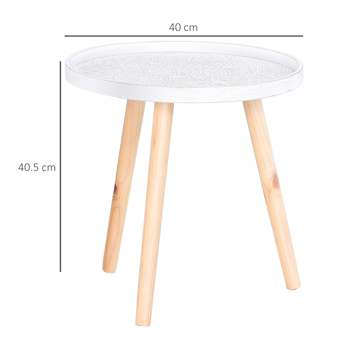 Coffee Table, Carved Floral Round Table with Tray-style Top and Wood Legs, Modern Side Table for Living Room, Set of 2, White