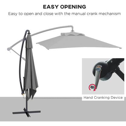 Outsunny 3x2m Cantilever Cross Base Banana Parasol With Crank Handle And 6 Ribs, Rectangular Hanging Patio Umbrella For Outdoors - Grey