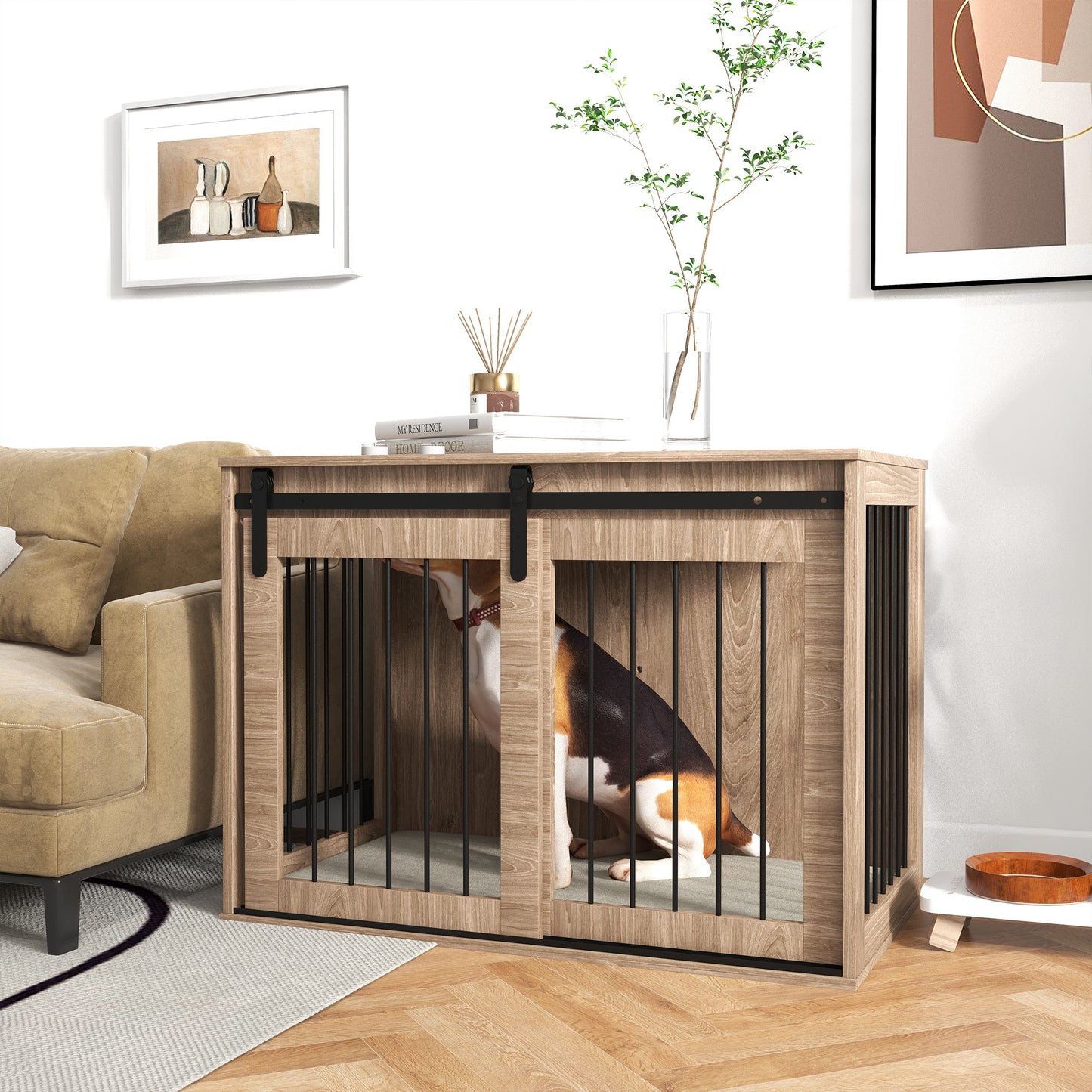 Dog Crate Furniture Side Table | Barn Door | Removable Washable Cushion | 3-Sided Ventilation | Large Dogs up to 30kg | 100 x 60 x 63cm | Brown
