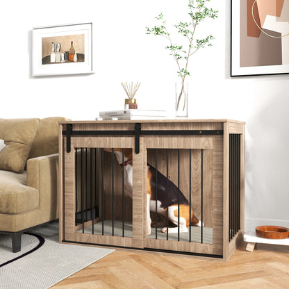 Dog Crate Furniture Side Table | Barn Door | Removable Washable Cushion | 3-Sided Ventilation | Large Dogs up to 30kg | 100 x 60 x 63cm | Brown