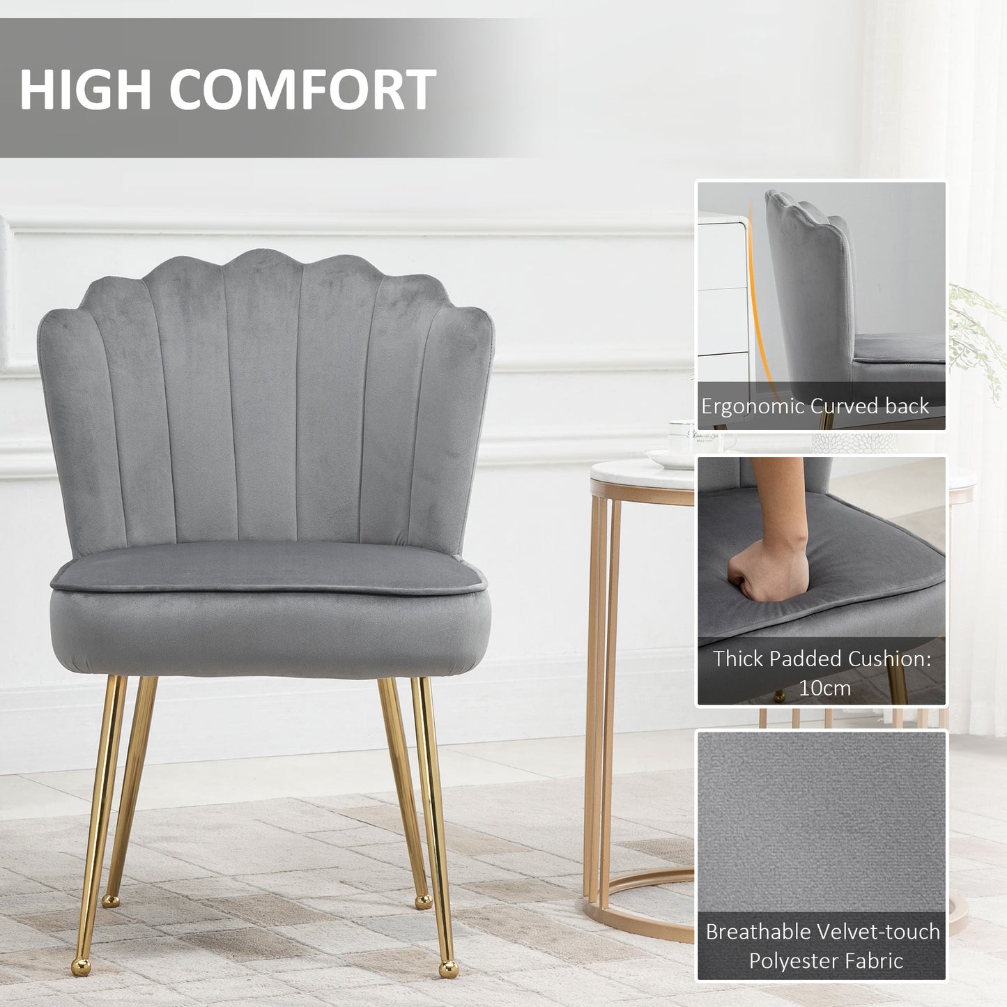 Retro Style Velvet-Feel Shell Luxe Accent Chair, Glam Vanity Chair Makeup Seat, Home Bedroom Lounge with Metal Legs Comfort Padding, Grey