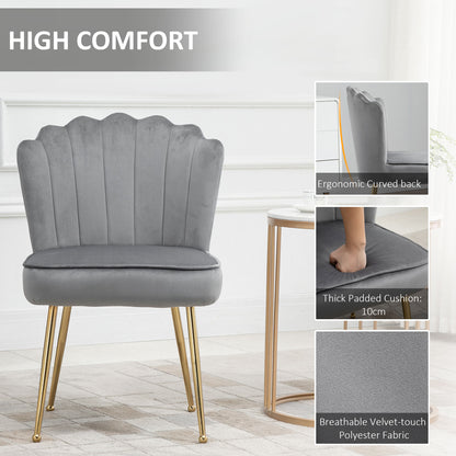Retro Style Velvet-Feel Shell Luxe Accent Chair, Glam Vanity Chair Makeup Seat, Home Bedroom Lounge with Metal Legs Comfort Padding, Grey