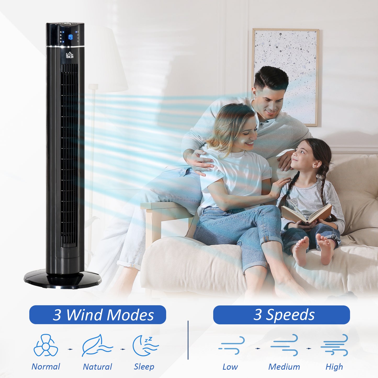 42" Anion Tower Fan Cooling for Bedroom with 3 Speed, 8h Timer, Oscillating, LED Panel, Remote Controller, Black