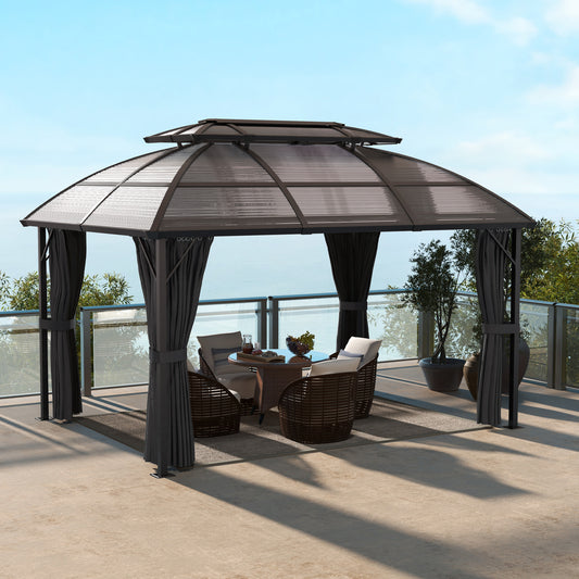 Outsunny Aluminium Frame 4 x 3(m) Polycarbonate Gazebo with Curtains, Nettings, Double Roof for Lawn, Yard, Patio, Deck, Brown