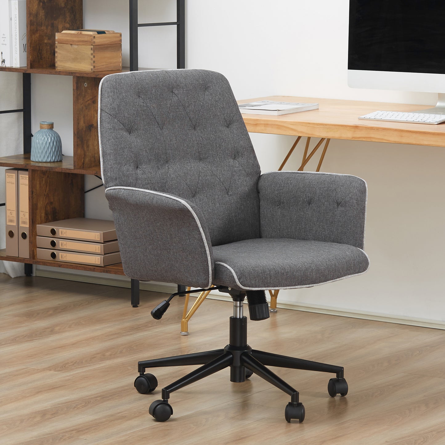 Linen Office Swivel Chair Mid Back Computer Desk Chair with Adjustable Seat, Arm - Grey