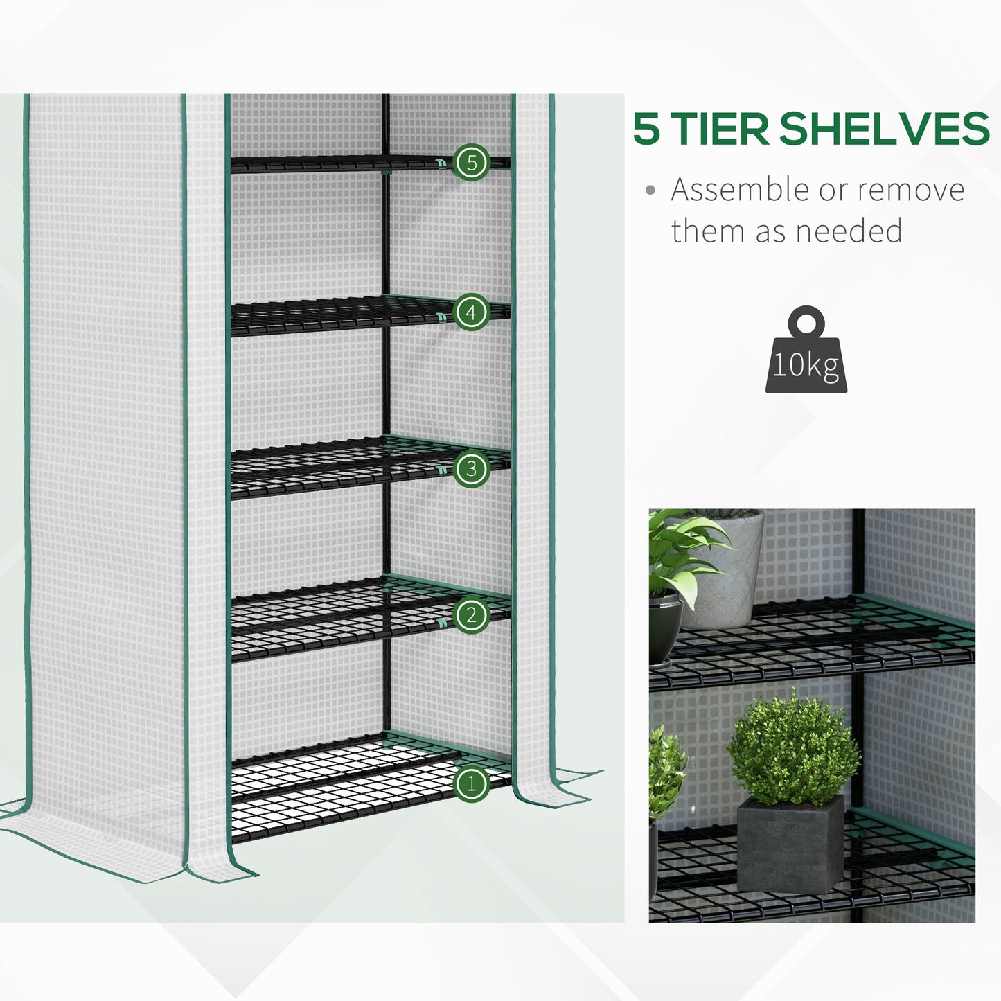 Outsunny 5 Tier Widened Mini Greenhouse w/ Reinforced PE Cover, Portable Green House w/ Roll-up Door & Wire Shelves, 193H x 90W x 49Dcm, White