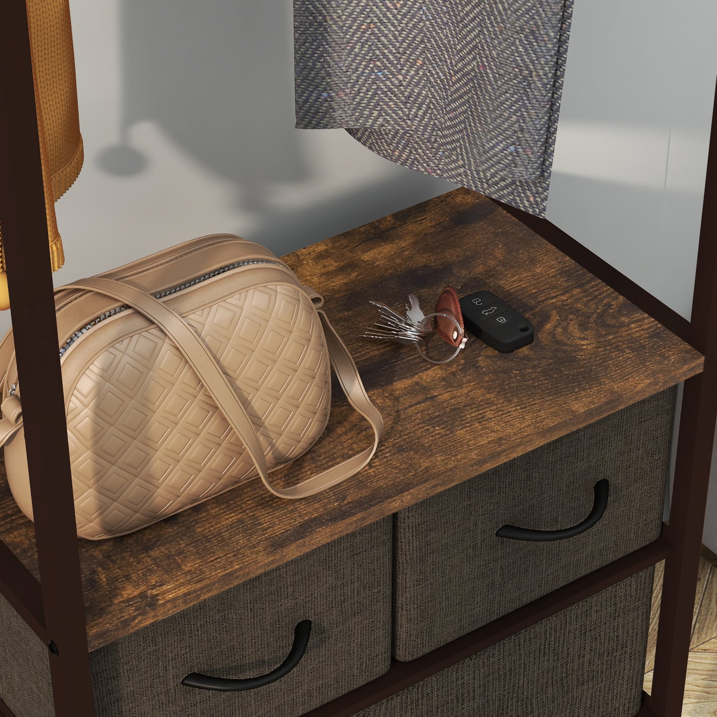 Free Standing Clothes Rail with 3 Fabric Drawers and Storage Shelves, Garment Rack, Hanging Rail for Hallway, Bedroom and Living Room, Rustic Brown