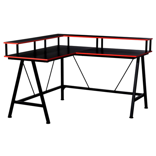 L-Shape Corner Gaming Desk Computer Table with Elevated Monitor Shelf Workstation, Black Red