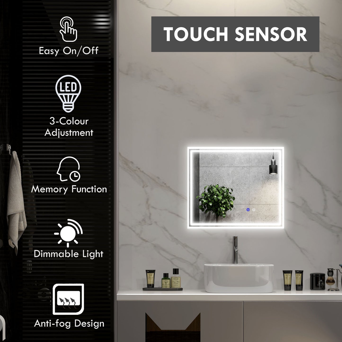 Kleankin LED Bathroom Mirror with Lights, Illuminated Makeup Mirror, Vanity Mirror with 3 Colour, Smart Touch, Anti-Fog