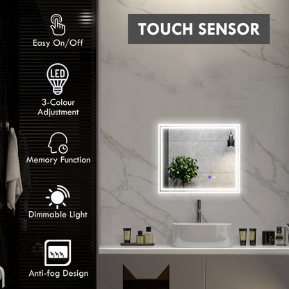 Kleankin LED Bathroom Mirror with Lights, Illuminated Makeup Mirror, Vanity Mirror with 3 Colour, Smart Touch, Anti-Fog