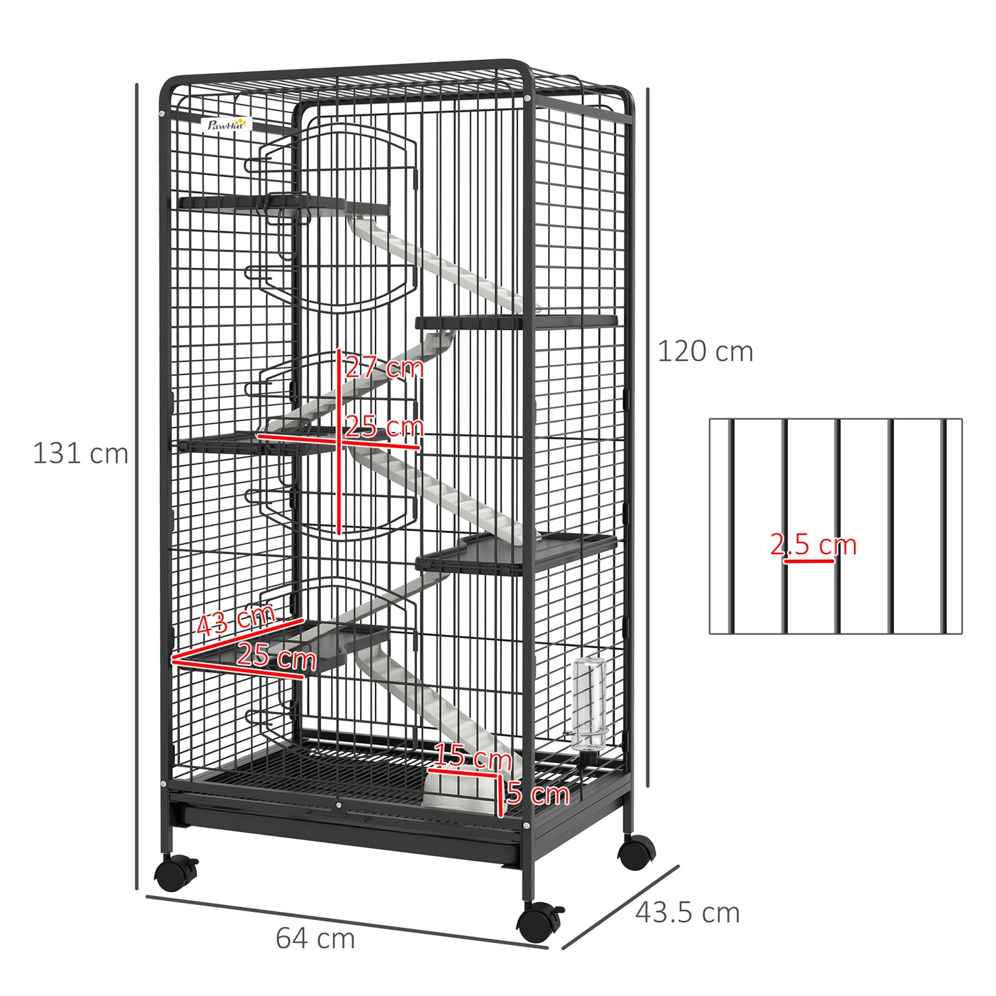 PawHut Five-Level Removable Small Animal Cage, 131cm - Black