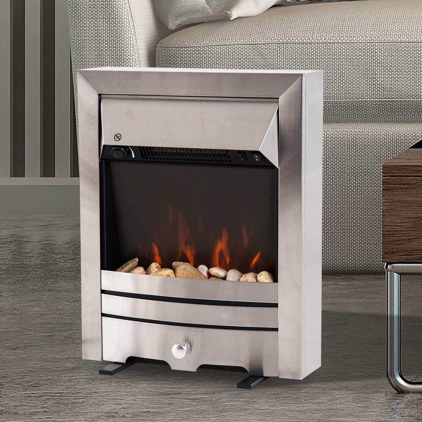 2KW Electric Fireplace Pebble Burning Effect Heater Fire Flame Indoor Stove LED Lighting - Stainless Steel