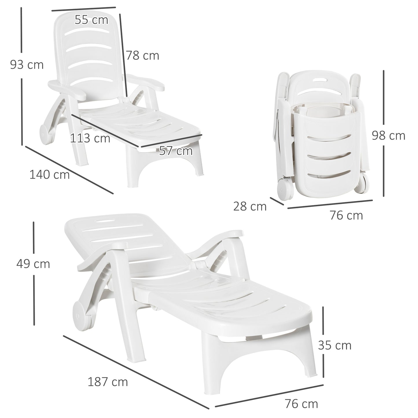Outsunny Outdoor Folding Plastic Chaise Lounge Chair on Wheels, Patio Sun Lounger Recliner & 5-Position Backrest for Garden, Beach, Pool, White