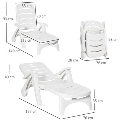 Outsunny Outdoor Folding Plastic Chaise Lounge Chair on Wheels, Patio Sun Lounger Recliner & 5-Position Backrest for Garden, Beach, Pool, White